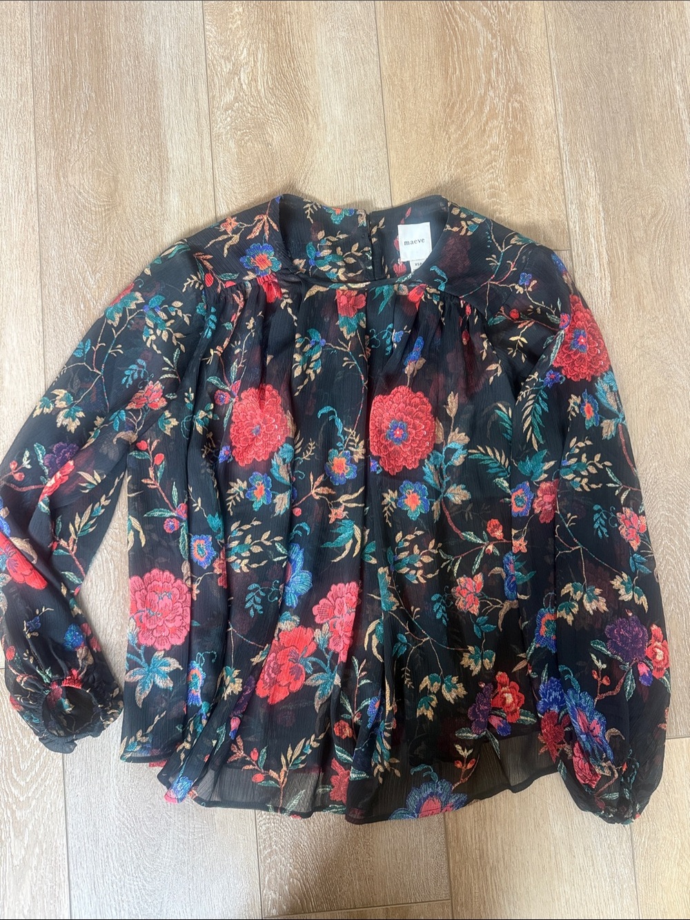 Maeve Black Sheer Floral Long-Sleeve Blouse